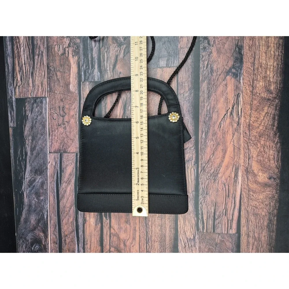 Black Satin Evening Bag Gold Bling Rope Strap Foldable Purse Wedding Prom Travel